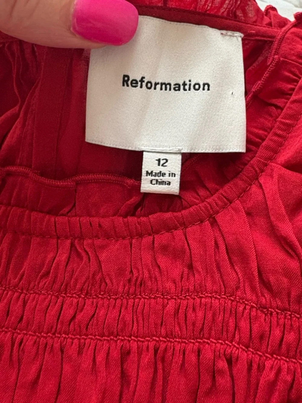Reformation Kiria Smocked Midi Dress Red Puff Sleeve Lined Romantic Size 12 - Picture 7 of 9